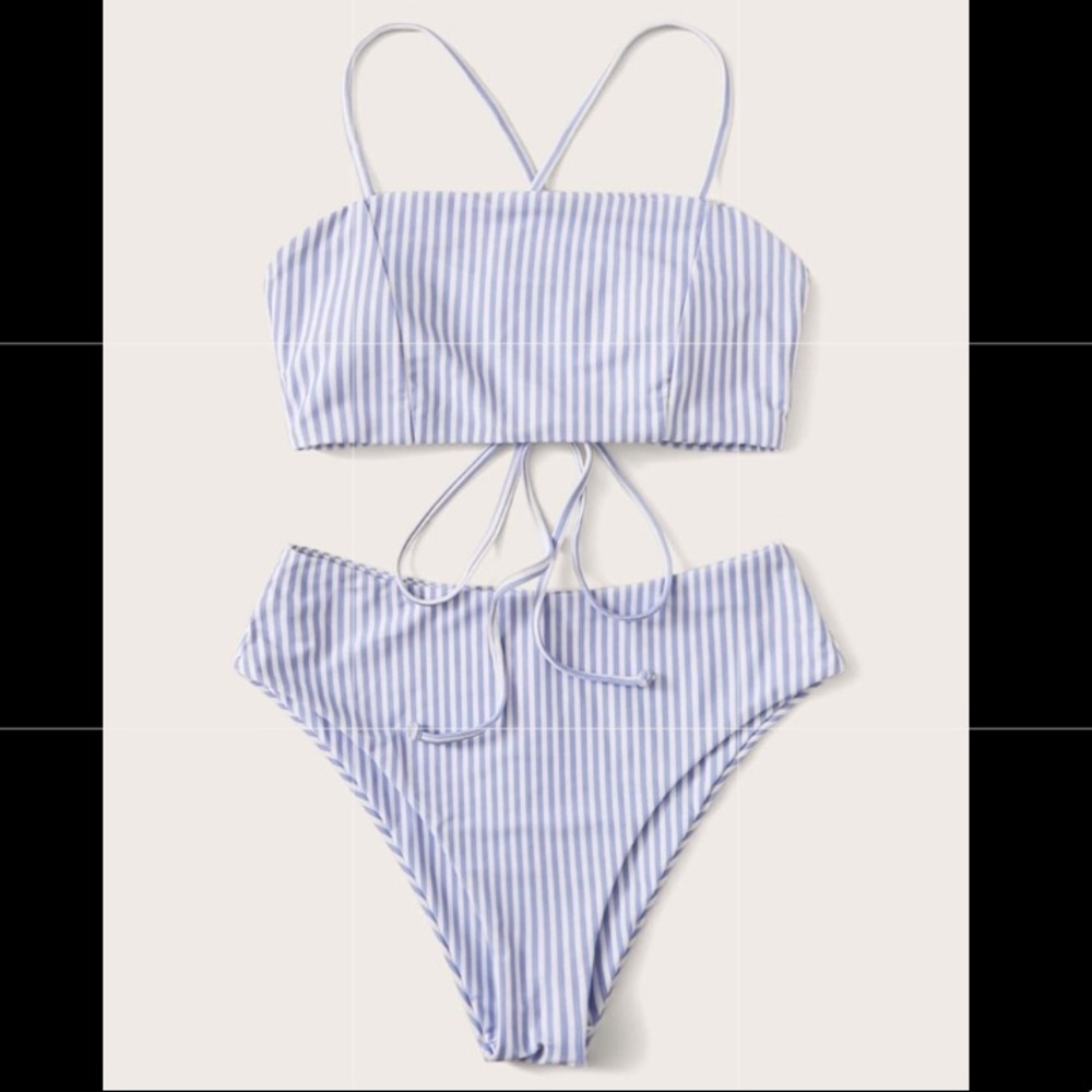 Blue & White Striped High Waisted Bikini Swimsuit
